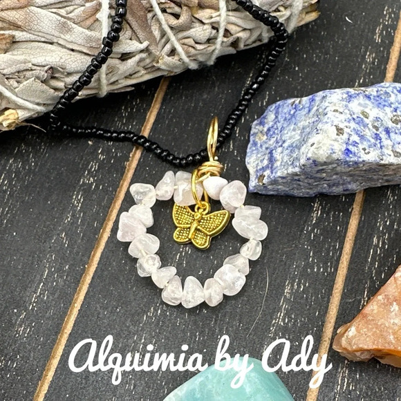 Statement Pink Quartz  donut gold butterfly charm beaded nest necklace - Picture 1 of 6